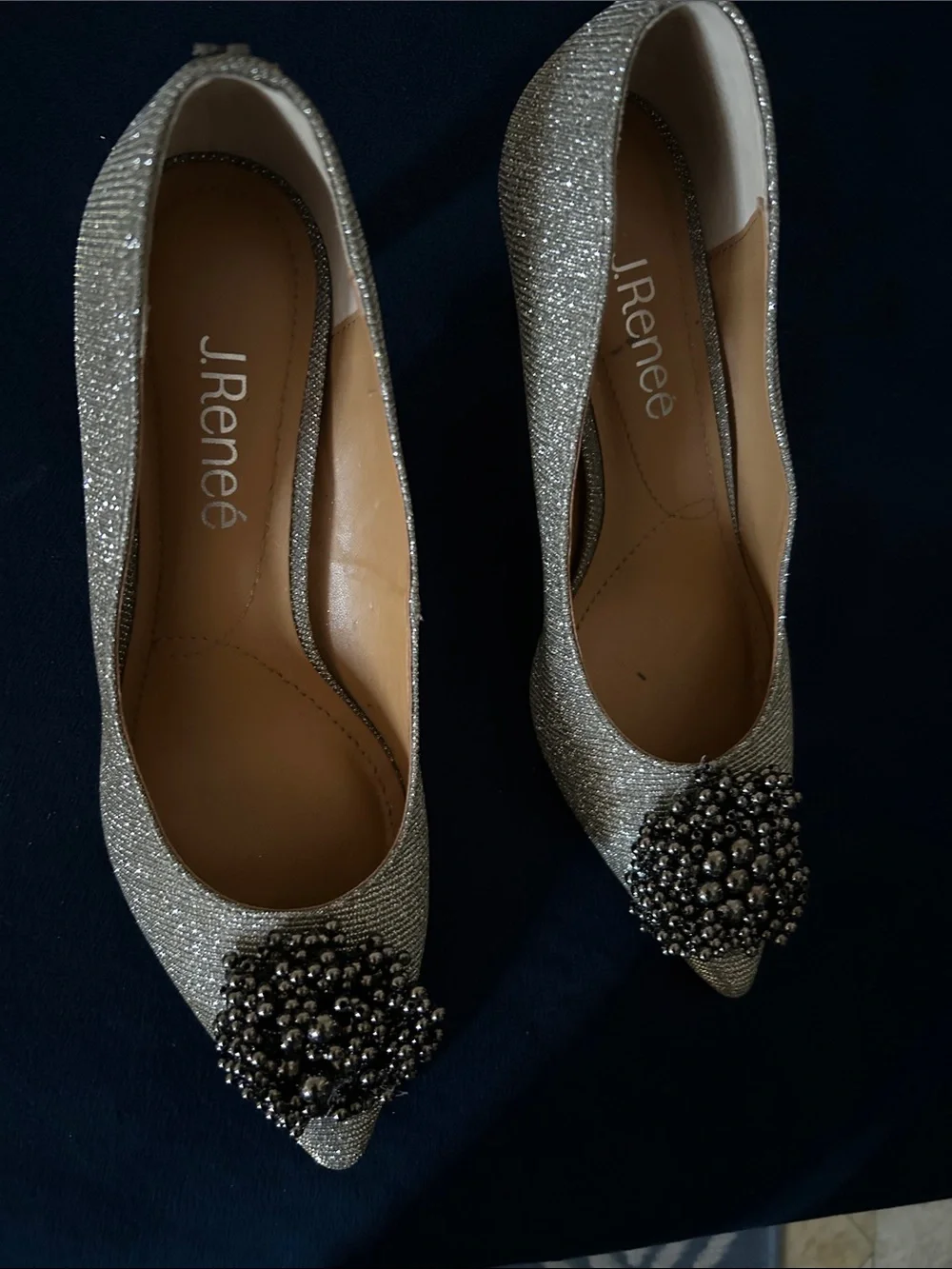 J.Renee Silver Pointed-Toe Heels with Beaded Brooch
